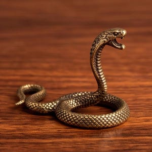 Peut inclure: Une petite figurine en métal de couleur bronze représentant un cobra en position enroulée. Le serpent présente une surface texturée en écailles, un cou dressé et une gueule ouverte laissant apparaître des crochets. Finition vieillie.