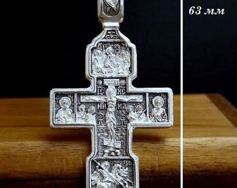 Large Men's Sterling Silver Orthodox Cross Pendant, Blackened Jesus Christ St George Christian Jewelry