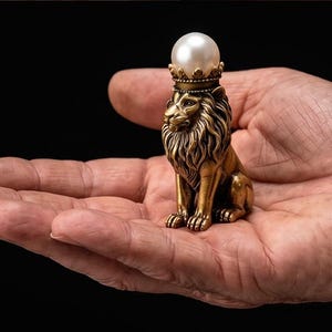May include: A detailed brass lion figurine with a crown and a pearl on its head. The lion is sitting, and the figurine is held in an open hand against a black background. The figurine is a decorative item.