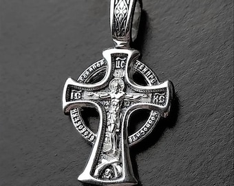 Sterling Silver Orthodox Cross Pendant: Jesus, Guardian Angel, Novgorod Design