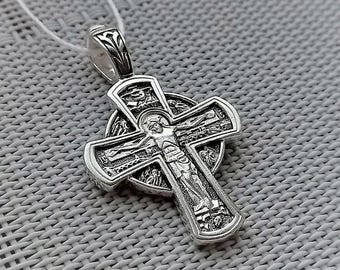Sterling Silver Orthodox Cross Pendant, Crucifixion Nativity Scenes, Religious Christian Jewelry