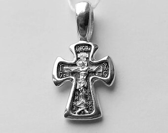 Sterling Silver Orthodox Cross Pendant, Jesus Crucifix, Save Mercy Prayer