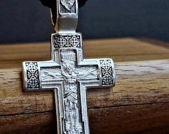 925 Sterling Silver Orthodox Cross Pendant, Jesus Christ Crucifix, Oxidized Detail