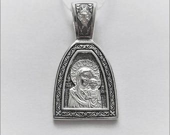 Sterling Silver Kazan Mother of God Pendant, Orthodox Religious Medal, Christian Faith Jewelry