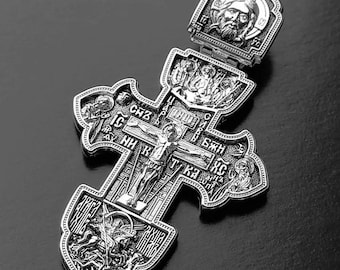 Men's Sterling Silver Orthodox Cross Pendant: Jesus, Archangel Michael, Alexander Nevsky