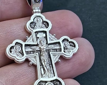 Large Sterling Silver Orthodox Cross Pendant, Jesus Crucifix, Archangel Michael, Saints