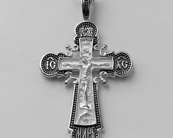 Sterling Silver Orthodox Crucifix Pendant, Jesus Christ Cross, Psalm 51 Prayer