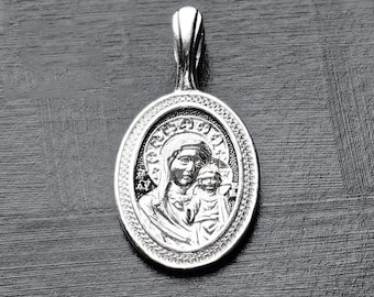 Sterling Silver Our Lady of Kazan Pendant, Orthodox Mother of God Icon Necklace