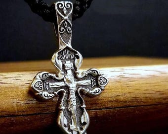 925 Sterling Silver Orthodox Cross Pendant, Jesus Christ Save Protect Crucifix Necklace