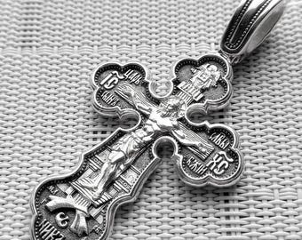 Large Sterling Silver Orthodox Cross Pendant, Jesus, Mother of God, Archangel Michael, Saint George