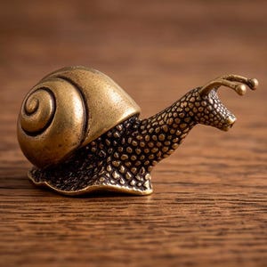 Puede incluir: Una pequeña figura de caracol de latón metálico con una concha lisa en espiral y un cuerpo texturizado y rugoso. El caracol tiene dos tallos oculares prominentes en la cabeza, con un acabado dorado pulido que resalta los detalles intrincados.