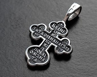 925 Sterling Silver Orthodox Crucifix Pendant, Jesus Christ Cross Necklace, Oxidized Prayer Christian Jewelry