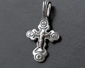 925 Sterling Silver Orthodox Cross Pendant, Jesus Christ Crucifix, Save Protect Prayer