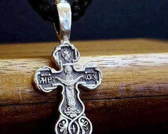 Sterling Silver Orthodox Cross Pendant, Jesus Christ, Pokrov Virgin Mary, Christian Jewelry