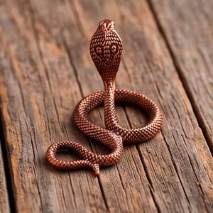 Op de afbeelding: Een klein koperkleurig beeldje van een cobra in een opgerolde positie met de kap gespreid. Het oppervlak van de slang is voorzien van een gedetailleerd, gestructureerd schubbenpatroon over het hele lichaam, inclusief de kop en de kap.