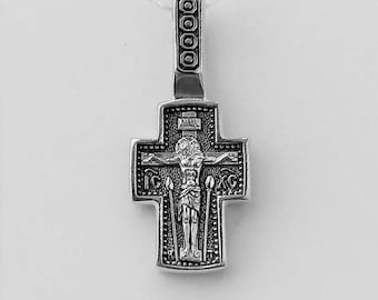 Sterling Silver Orthodox Cross Pendant, Jesus Christ, Kazan Mother of God, Religious Jewelry