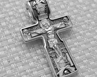 Sterling Silver Orthodox Cross Pendant, Jesus Christ Crucifix, Saint Nicholas, Religious Jewelry