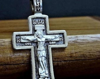 Sterling Silver Orthodox Cross Pendant, Jesus Christ Crucifix, Save Protect Prayer