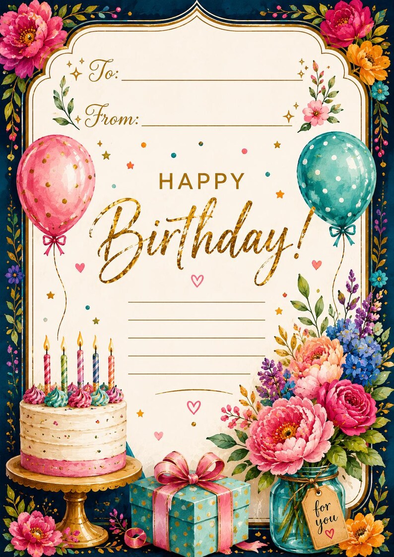 Floral Birthday Card Elegant Gold Design Watercolor Elements digital floral-birthday-card-elegant-gold-design-watercolor-elements-digital