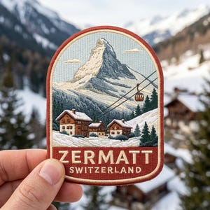 May include: An embroidered patch featuring a scenic view of the Matterhorn mountain in Zermatt, Switzerland. The design includes snow-covered wooden chalets, evergreen trees, and a cable car. The text ZERMATT SWITZERLAND is stitched in white.