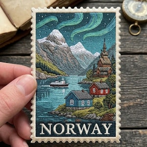Norway Stamp Patch, Northern Lights Fjord Embroidered Iron On Applique, Scandinavian Travel Souvenir Badge for Backpack Jacket
