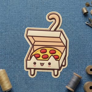 May include: A whimsical, die-cut sticker featuring a cat-shaped pizza box with a slice of pizza inside. The pizza has red pepperoni toppings. The box and pizza are in shades of tan and beige, with a cute cat face on the front.
