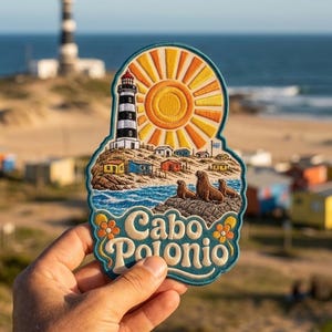 May include: An embroidered patch featuring a black and white lighthouse, a bright yellow sun, colorful small houses, and three brown sea lions on a rocky shore. The text Cabo Polonio is stitched in white letters with orange flowers on the sides.