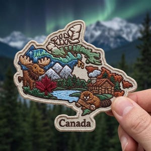 May include: An embroidered patch shaped like the map of Canada featuring a moose, a red maple leaf, a blue river, a log cabin, and a beaver. The design includes snowy mountains and green trees under a night sky with stars. The word Canada is stitched at the bottom.