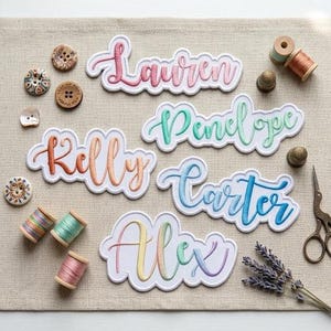 Custom Name Patch, Pastel Cursive Embroidered Iron On Applique, Personalized Gradient Letter Badge for Kids Backpack Denim Jacket