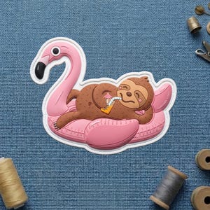 May include: A pink flamingo pool float with a brown sloth relaxing on top, sipping a drink with a straw. The float has a white outline. The sloth is wearing sunglasses. The image is on a blue background.