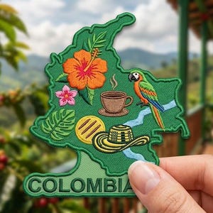 May include: A green embroidered patch shaped like the map of Colombia featuring a vibrant orange hibiscus, a small pink flower, a brown coffee cup, a green parrot, a yellow arepa, and a traditional sombrero, with the word COLOMBIA at the base.
