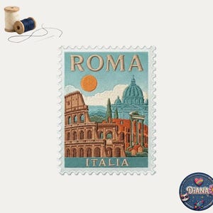 May include: A rectangular embroidered patch featuring a postage stamp design with the text ROMA and ITALIA. The scene depicts the Colosseum and a domed building under an orange sun. Two wooden spools of thread and a needle are visible nearby.