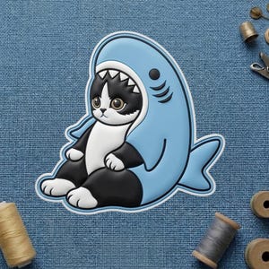 May include: A whimsical sticker featuring a black and white cat wearing a light blue shark costume. The cat is sitting, with its paws and tail visible. The shark costume has white teeth and a dark blue outline.