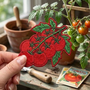 May include: An embroidered patch featuring a cluster of bright red tomatoes on a green vine with detailed leaves. The patch displays a realistic botanical design with textured stitching, showcasing multiple round tomatoes attached to a central stem.