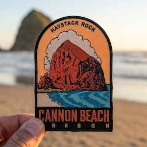 Cannon Beach Oregon Patch, Haystack Rock Coast Embroidered Badge, Vintage Pacific Northwest Iron On, OR Ocean Travel Souvenir Emblem Jacket