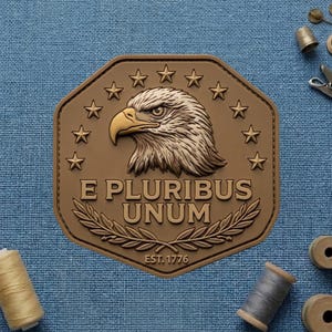 May include: A brown patch featuring a detailed eagle head, surrounded by stars. The text "E PLURIBUS UNUM" and "EST. 1776" are displayed. The patch has a textured appearance and is likely made of rubber or a similar material.