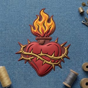May include: A red heart-shaped emblem with a yellow and orange flame at the top, encircled by a golden thorn crown. The emblem is set against a blue textured background, with sewing supplies in the corners.