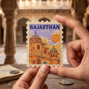 May include: A rectangular postage stamp featuring an illustration of a palace in Rajasthan, India. The stamp has a serrated edge, a light cream border, and text reading RAJASTHAN INDIA in blue and gold. The design includes a sun and clouds.