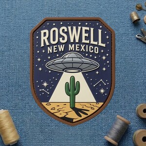 Roswell New Mexico PVC Patch Hook and Loop, Vintage Alien UFO Desert Cactus Rubber Morale Patch, Retro Sci-Fi Paranormal Travel Badge