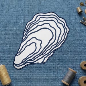 May include: White oyster-shaped coaster with navy blue outline, set against a blue fabric background. The coaster's design features concentric lines. Sewing notions, including spools of thread and a thimble, are scattered around the coaster.