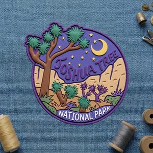 Joshua Tree National Park PVC Patch Hook Loop, Retro Desert Starry Night Crescent Moon Rubber Morale Patch, California Travel Badge Gear
