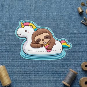 May include: A die-cut sticker featuring a brown sloth sleeping on a white unicorn-shaped pool float. The unicorn has a yellow horn and a colorful mane and tail. The sloth is holding a pink cup with a straw. The sticker has a light blue border.