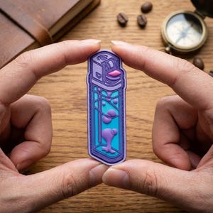 May include: A purple and blue lighter-shaped sticker with a lava lamp design. The sticker is held between two hands against a wooden background. The design features a purple top, a blue liquid, and purple lava shapes.