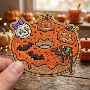 Halloween Donut Patch, Spooky Pumpkin Skull and Bats Embroidered Iron On Applique, Cute Candy Pastry Badge for Jackets and Backpacks