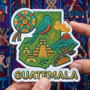 Guatemala Map Embroidered Patch Iron On Travel Souvenir Central America Applique Quetzal Mayan Ruins Volcano Backpack Badge