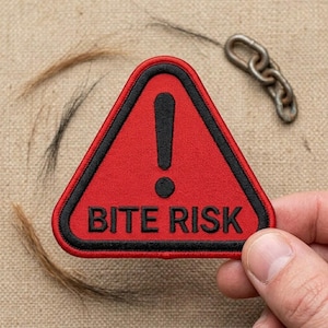 May include: A triangular embroidered patch with a red background and a thick black border. The patch features a black exclamation point symbol centered above the black text BITE RISK in a bold, sans-serif font, creating a warning sign design.