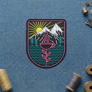 Neon Coffee Mountain PVC Patch, Retro Outdoor Camping 3D Rubber Morale Patch, Coffee Lover Hiking Nature Tactical Badge for Backpacks