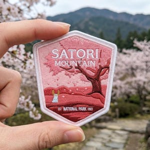 Satori Mountain National Park Patch, Pink Cherry Blossom Zelda Embroidered Iron On Applique, Fantasy Gamer Badge for Denim Jacket Backpack
