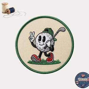 May include: Embroidered patch featuring a cartoon golf ball character with a green cap, red shoes, and a golf club. The golf ball is giving a peace sign. The patch has a green border and a tan background.