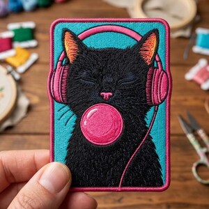 May include: A rectangular embroidered patch featuring a black cat with closed eyes wearing pink headphones and blowing a large pink bubble. The cat is set against a bright turquoise background, all framed by a thick, vibrant pink stitched border.